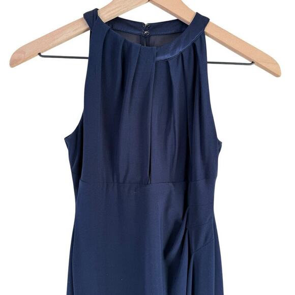 Lauren Ralph Lauren Navy Blue Halter Formal Gown Ruched Maxi Dress Front Slit 0P - Picture 4 of 9